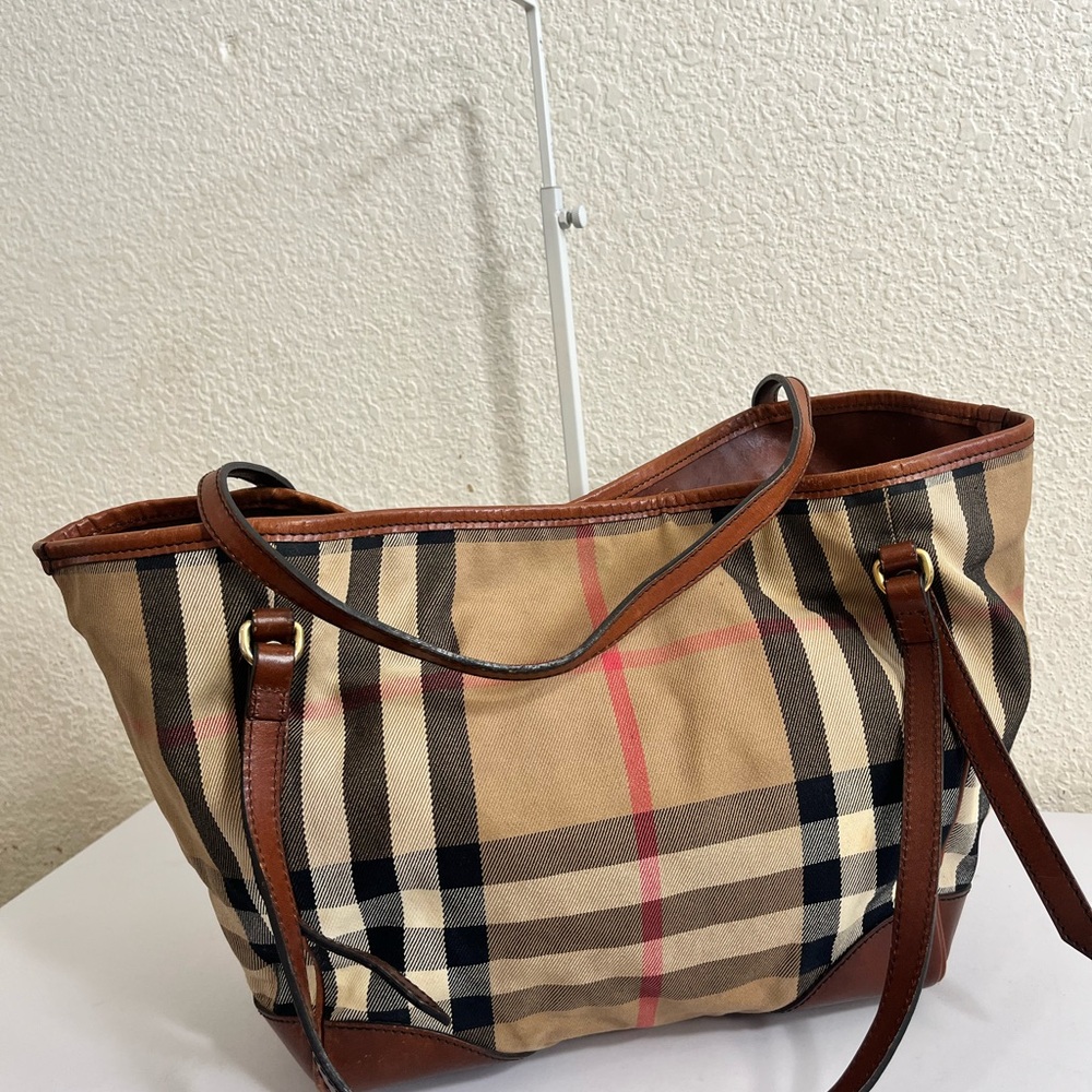 Burberry Tan Check Canvas Tote with Brown Leather Trim - Picture 7 of 16